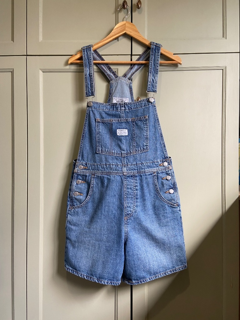 Levi's denim shortalls, medium wash, 100% cotton, classic overalls for summer